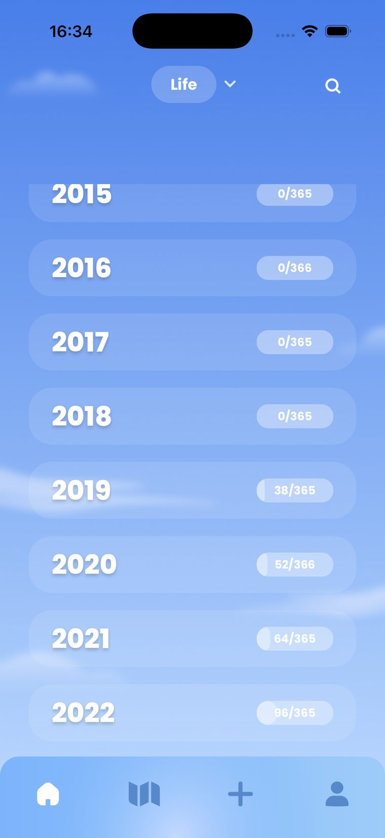 Every year of your life listed in Life Tabs with the days filled in