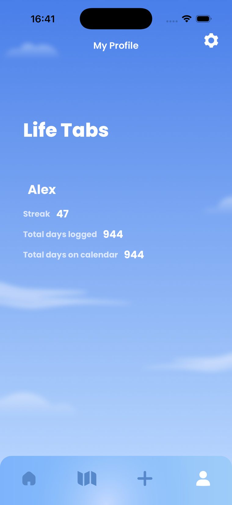 Streak count and total days logged on the Life Tabs profile screen