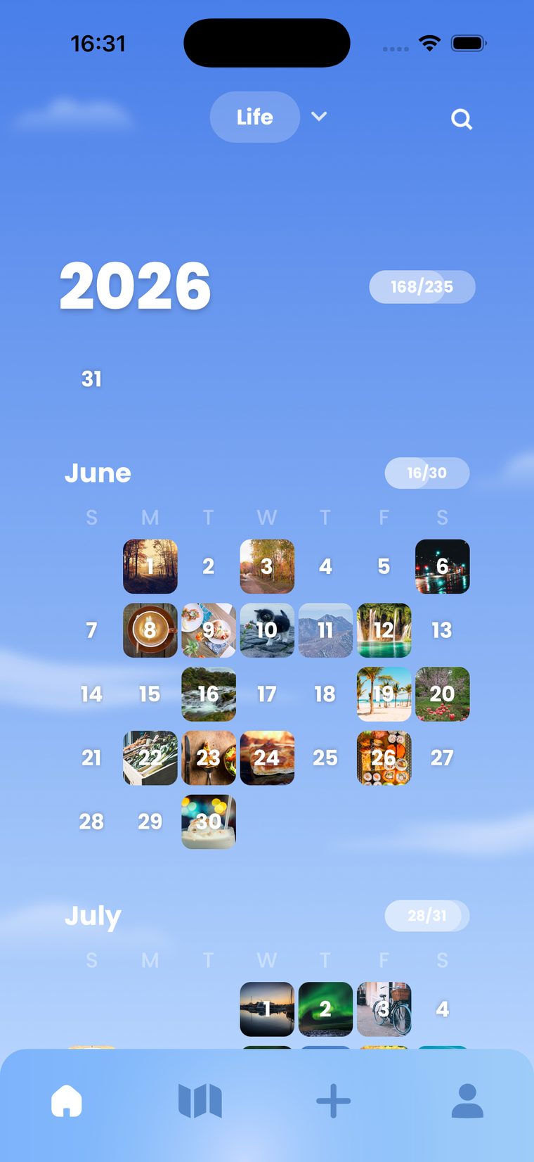 The Life Tabs calendar with a photo on each logged day